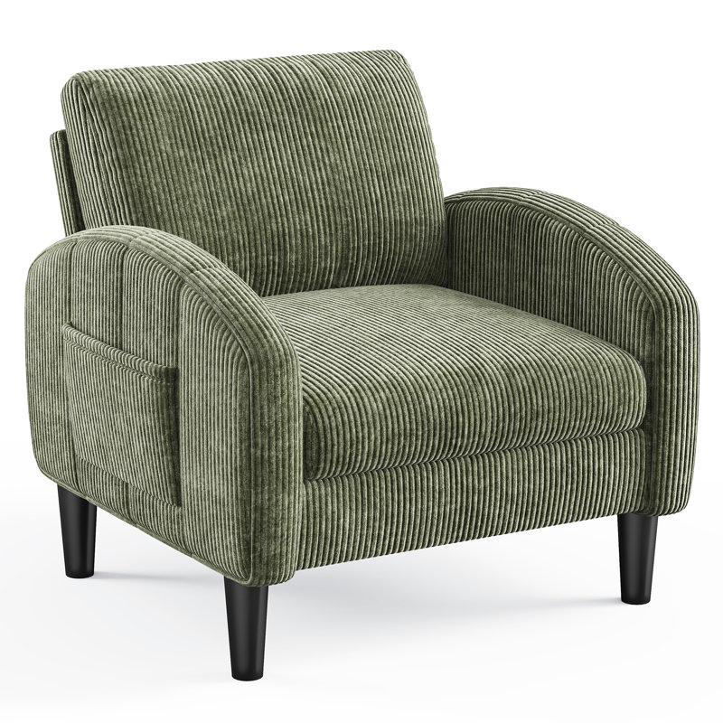 Chaise d'appoint style Mid-Century avec poches latérales, revêtement en velours côtelé, Vert
