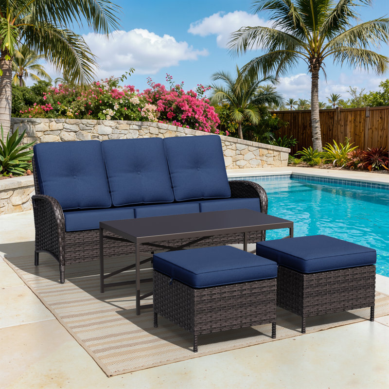 3-Person PE Wicker Outdoor Patio Set With Sofa, Ottomans, Coffee Table & Blue Cushions, Blue