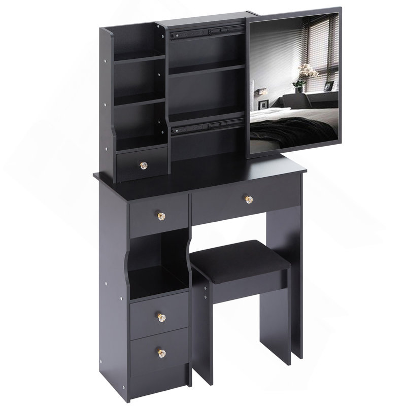 Petit meuble-lavabo de 29,2 po avec tabouret de bureau et tabouret rembourré, très grand miroir coulissant à droite, rangement multi-couches à grande capacité, commode pratique et pratique, convient aux petits espaces