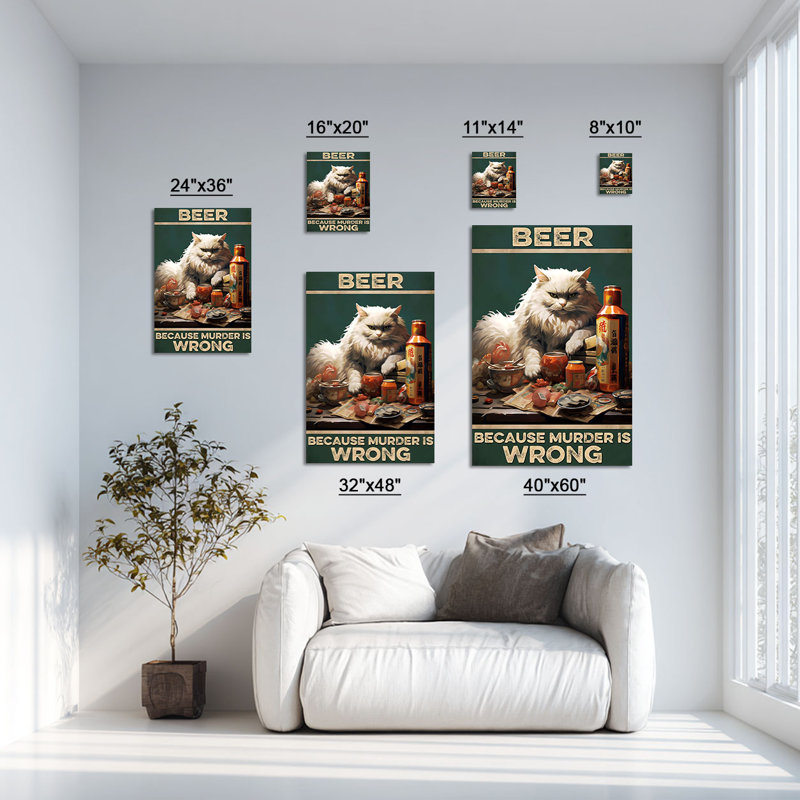 «Beer parce que Murder Is Wrong», art mural sur toile moelleuse avec chat blanc - décoration de salon, de chambre à coucher ou de bureau