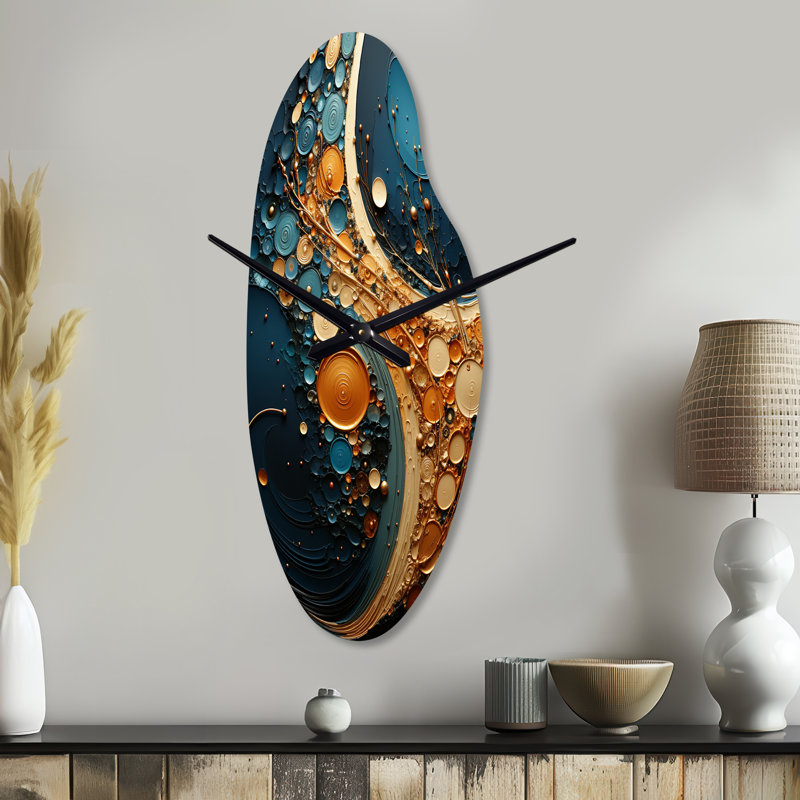 Or bleu sarcelle abstrait spirales II - horloge spirale abstraite en métal, horloge murale asymétrique moderne, Grand
