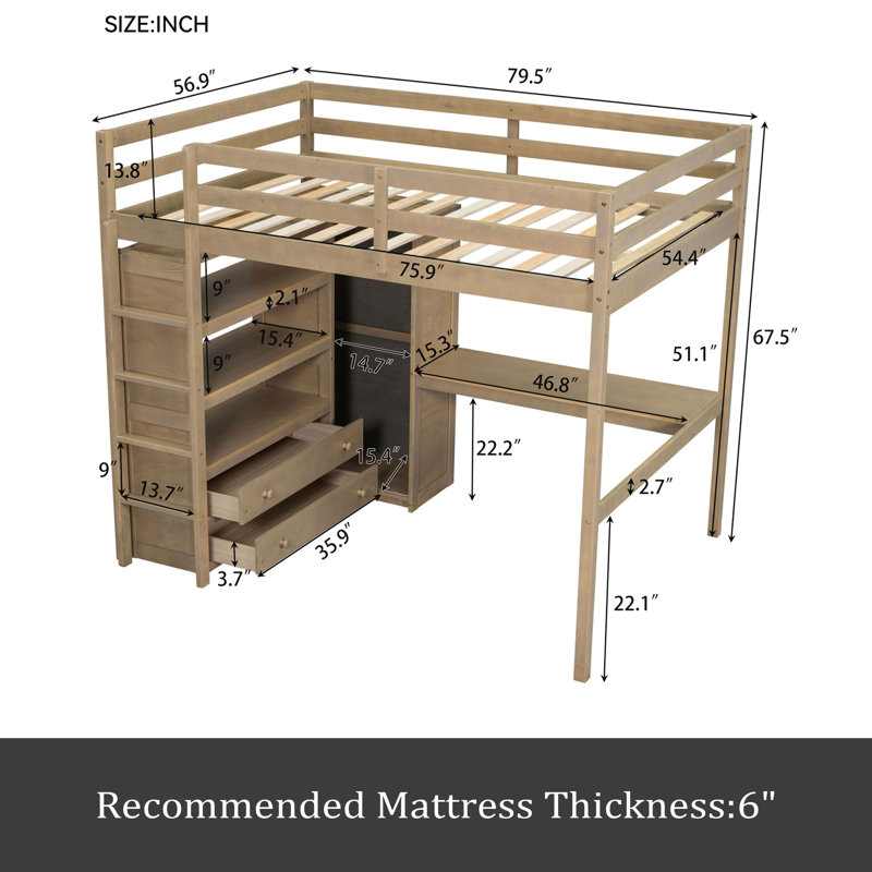 Lit mezzanine double en bois, Noyer