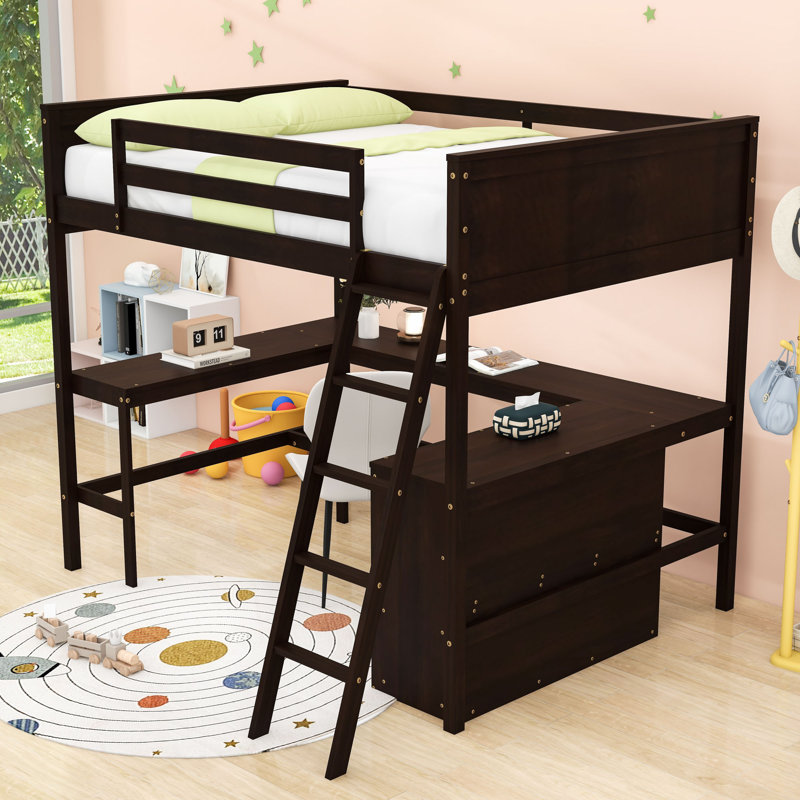 Lit mezzanine double avec tablettes et bureau, Espresso