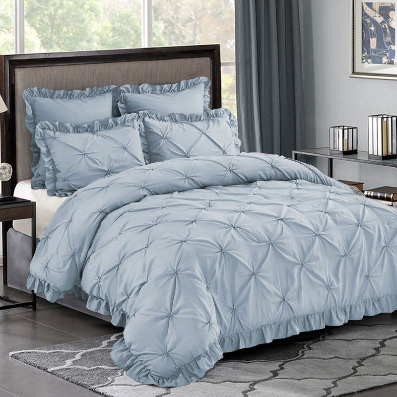 Ensemble d'édredon 5 pièces princesse romantique Pintuck, Édredon pour lit très grand + quatre taies déco, Bleu brouillard
