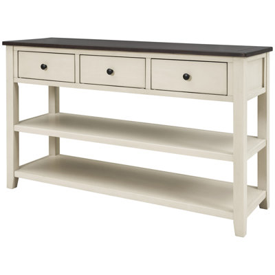 Retro Design Console Table With Two Open Shelves, Pine Solid Wood Frame And Legs For Living Room (Espresso+Beige)