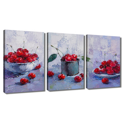 3 panneaux d'art mural sur toile Vivid Cherry Fruit Still Life