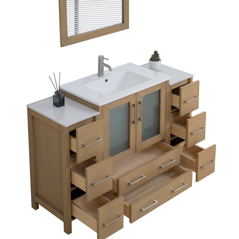 Ensemble de meuble-lavabo autoportant 54 po avec comptoir en céramique et miroir assorti Brescia, Chêne naturel