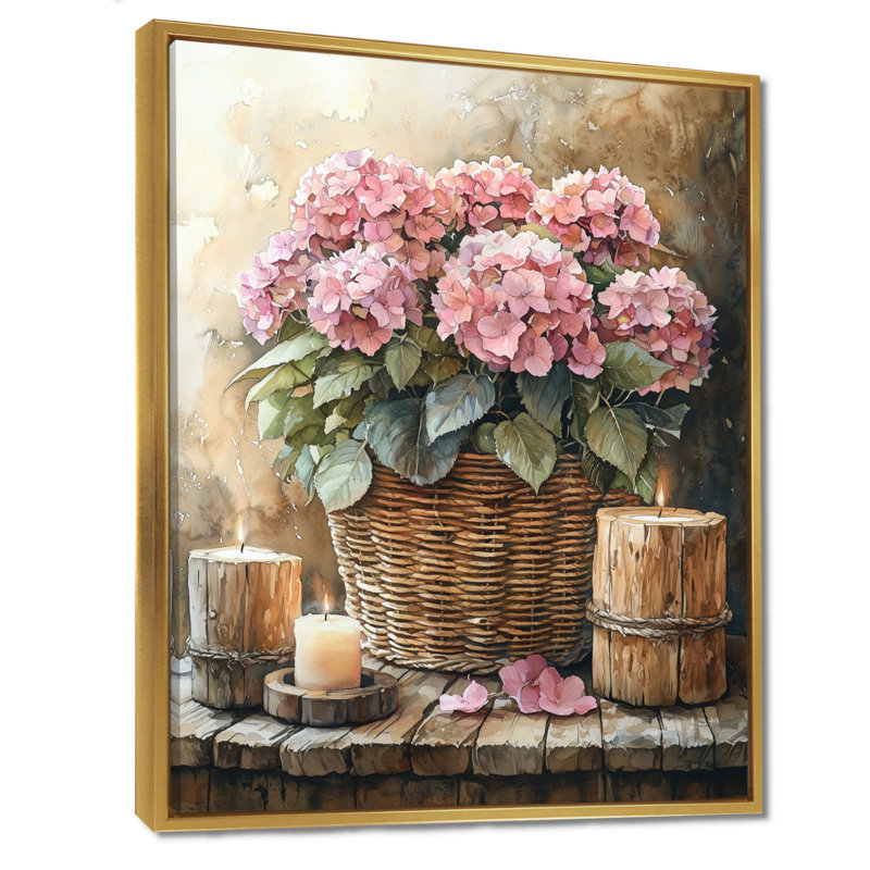 Hortensias dans un panier tressé avec bougie II - hydrangées, art mural, H 44 po x l 34 po, Reproduction avec cadre flottant