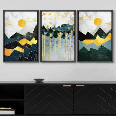 " Geometric Gold Mountain Landscape Abstract Nature Modern Art Decor Panorama Multicolor " 3 - Pieces
