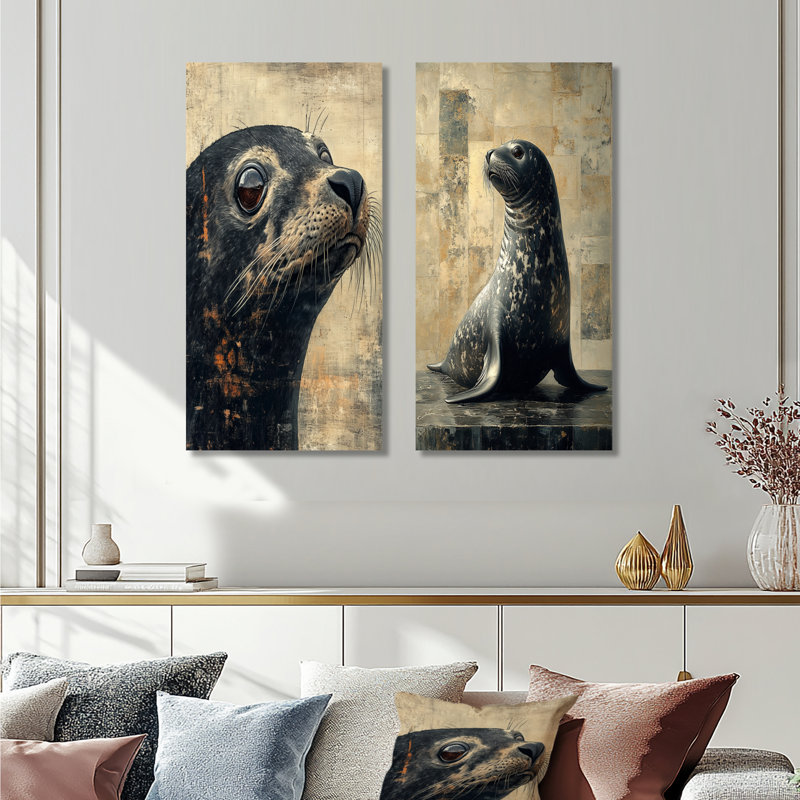 Seal en noir et beige I - ensemble d'art mural 2 pièces Seal, Ne s’applique pas, Toile tendue sur cadre, H 28 po x l 24 po
