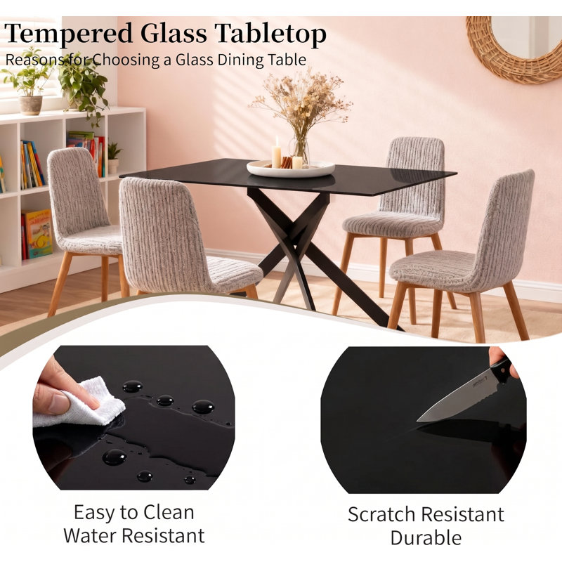 Carlinda Glass Dining Table for 4-6 People, Rectangular Kitchen Table with Cross Metal Legs, Modern Dining Table for Small Spaces