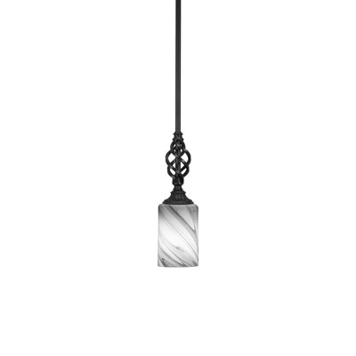Eleganté Stem Hung Mini Pendant Shown In Matte Black Finish With 4" Onyx Swirl Glass
