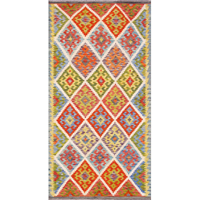 Tapis unique vert / orange / blanc / bleu clair 3 pi 5 po x 6 po Kilim Kilim