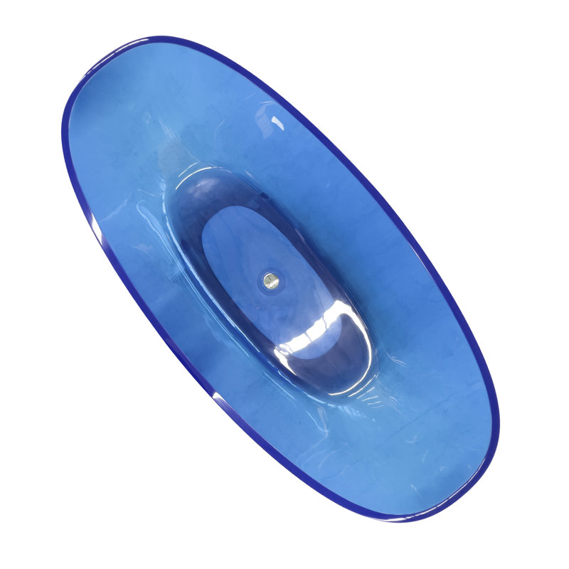 Freestanding Soaking Bathtub, 64 Inch, Blue Transparent, Oval, High - Quality Resin Finish Inch Transparent Blue, Soaking, Contemporary Style