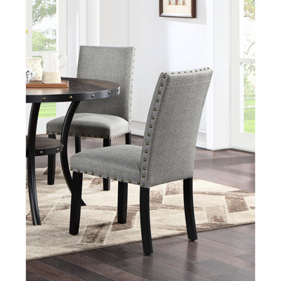 2 Grey Fabric Dining Chairs, Cushioned Seats And Backs, Nailhead Trimmed, Solid Wood, Contemporary Style Room Chairs Side Of 2, Cushion, Trim, Wooden Chair For Fashionable