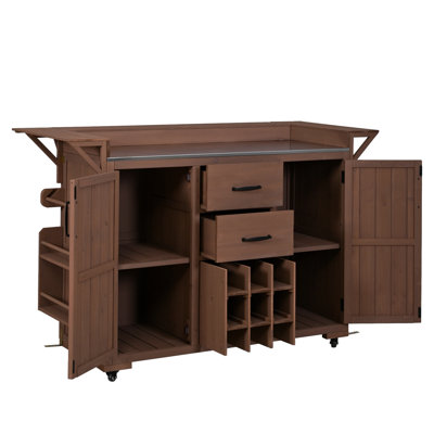 Îlot de cuisine à roulettes de 60,2 po de largeur avec roulettes et plateau en acier inoxydable, chariot de barbecue en bois avec support à épices et support à vin