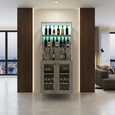 67" Bar Cabinet with Tempered Glass Doors, Pantry Cabinet with LED Lights & Power Outlets, Industrial Wine Bar for Kitchen, Dining Room, Home Bar Stor by 17 Stories