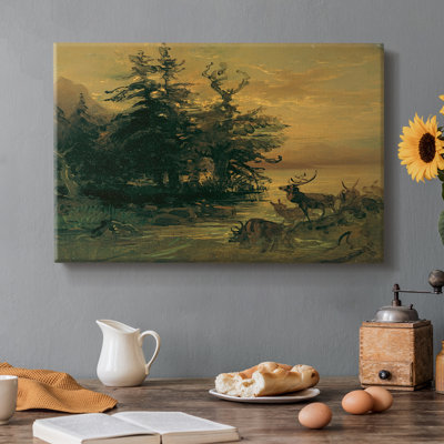 Cerf au bord d'un lac de montagne - Peinture sur toile tendue par Gauermann - c. Milieu du 19e siècle