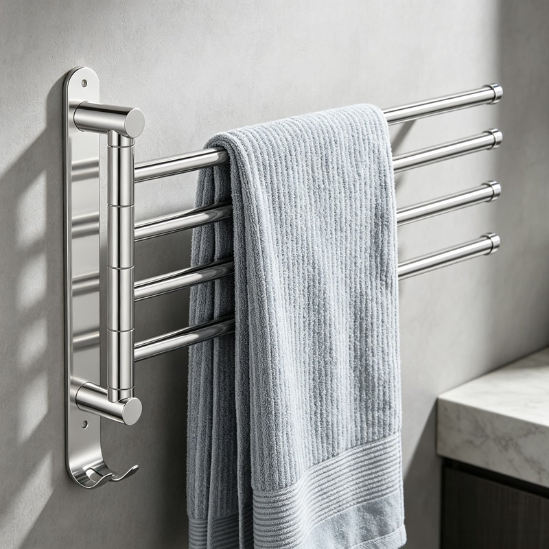 Swivel Towel Rack, Wall Mounted 4-Arm Towel Bar with Hook, SUS304 Stainless Steel, Rustproof Swing Out Towel Hanger for Bathroom Kitchen