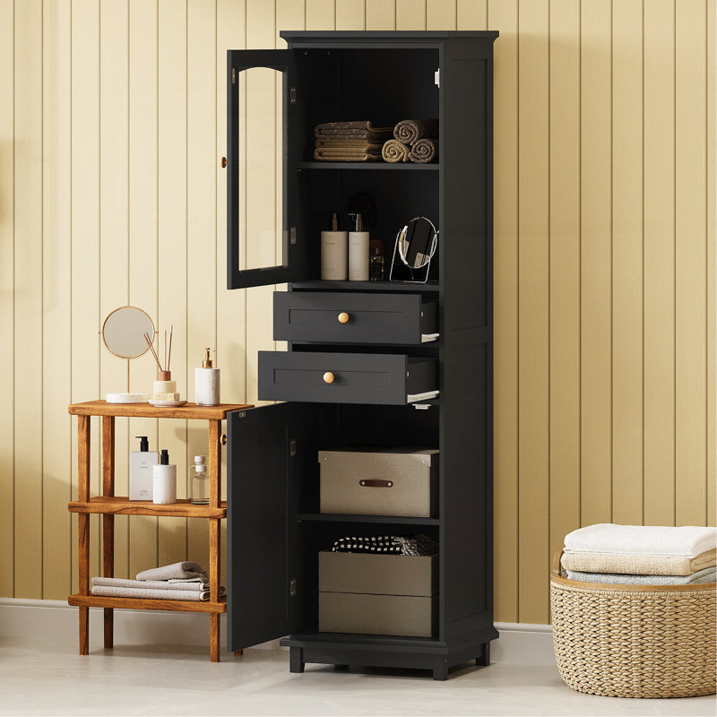 63" Tall Bathroom Storage Cabinet With Glass Doors, Free-Standing, Two Drawers, And Adjustable Shelves, MDF Board, Painted Black - For Displaying Your Favorite Items