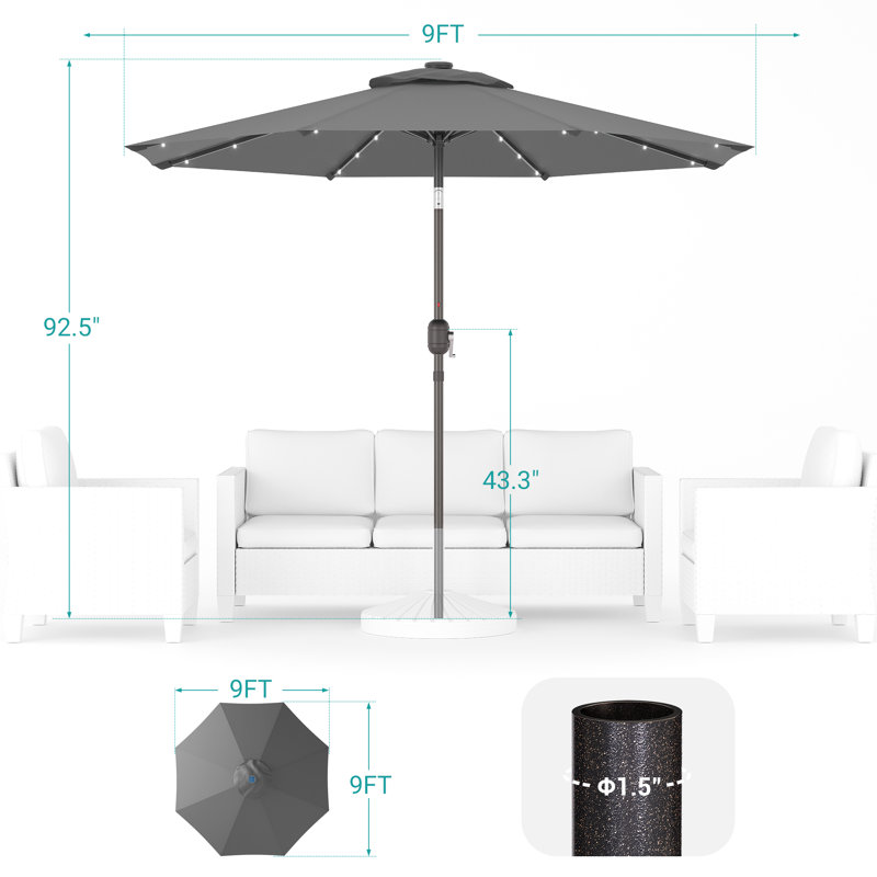 Parasol de marché lumineux 9 pi Odis, H 92,5 po x l 108 po x P 108 po, Anthracite