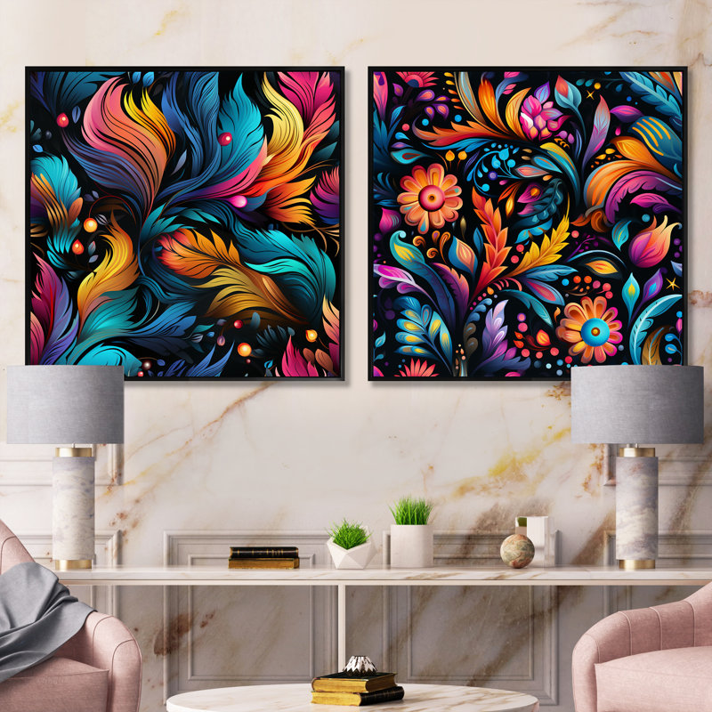 Geneva - Ensemble de 2 collages floraux et botaniques carrés, Cadre flottant noir, H 16 po x l 33 po
