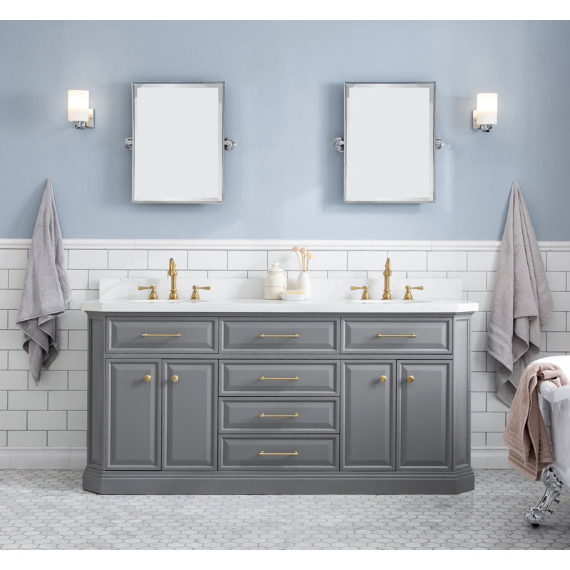 72" Palace Collection Quartz Carrara Cashmere Grey Bathroom Vanity Set With Hardware in Satin Brass Finish And Only Mirrors in Chrome Finish