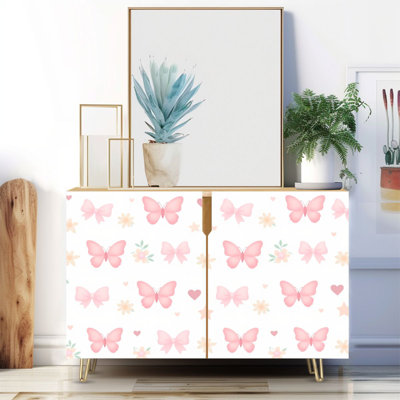 Buffet étroit de 35,4 po de largeur - armoire de rangement décorative à 2 portes avec un joli motif de coquettes roses et de pieds en métal