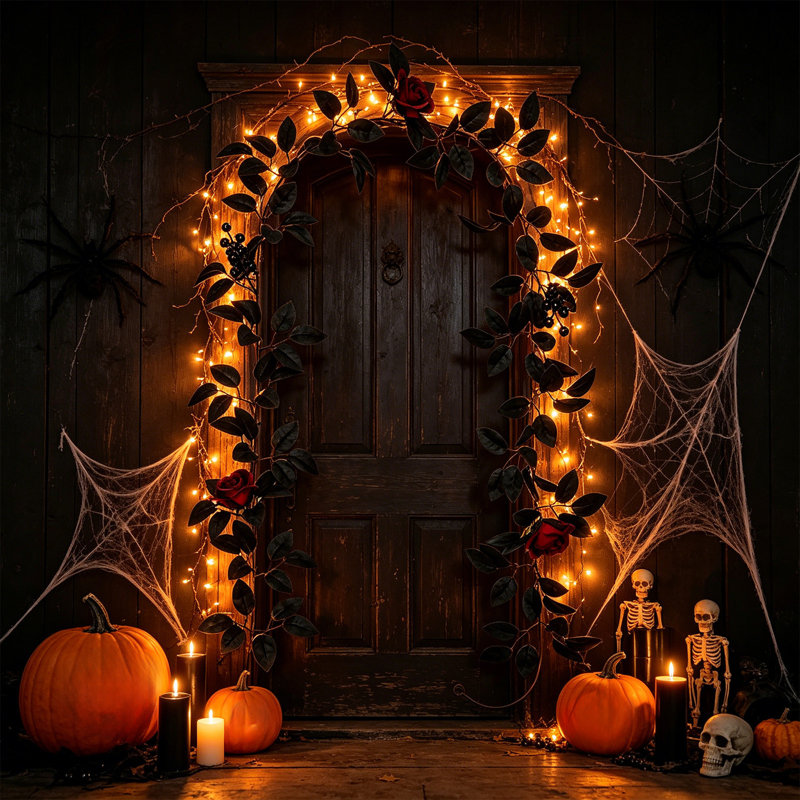 Décorations de mariage d'Halloween : guirlandes de roses noires artificielles, guirlandes de feuilles de roses noires pour décorations florales d'arches intérieures et extérieures