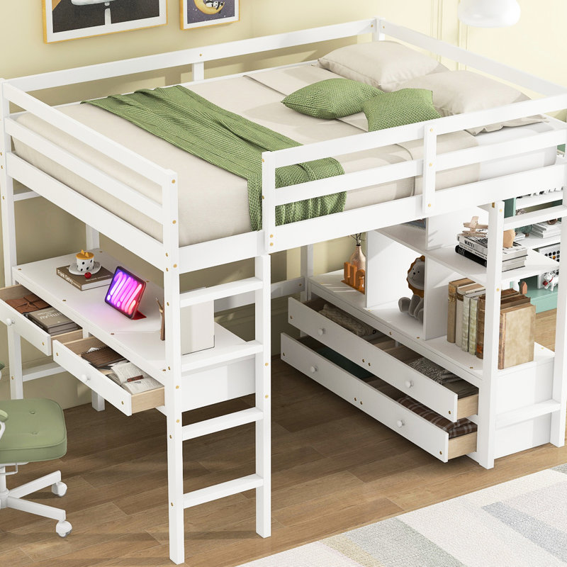 Lit mezzanine avec bureau intégré et rangement, blanc
