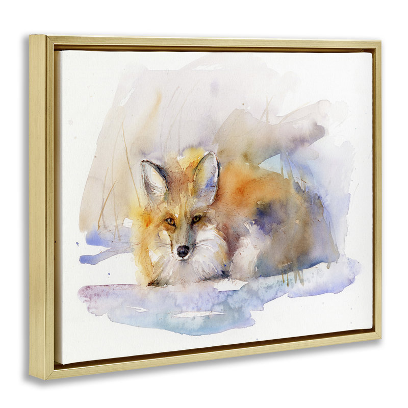 «Fox Sleeping in Snow», art mural sur toile par John Keeling, H 17 po x l 21 po, Cadre flottant métallique doré