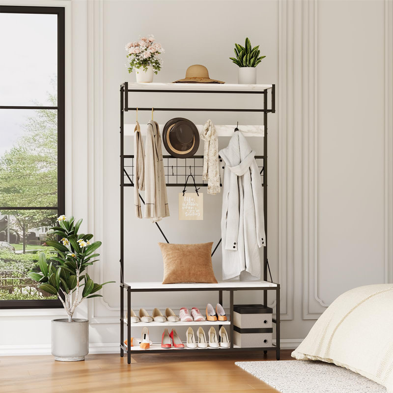 Hall Tree with Bench and Shoe Storage, Iron-Wood Finish Hall Tree, Entryway Coat Rack and Shoe Storage Organizer, Large Shoe Rack with Storage Shelf Hanging Bar for Foyer, Bedroom, Living Room, Marble