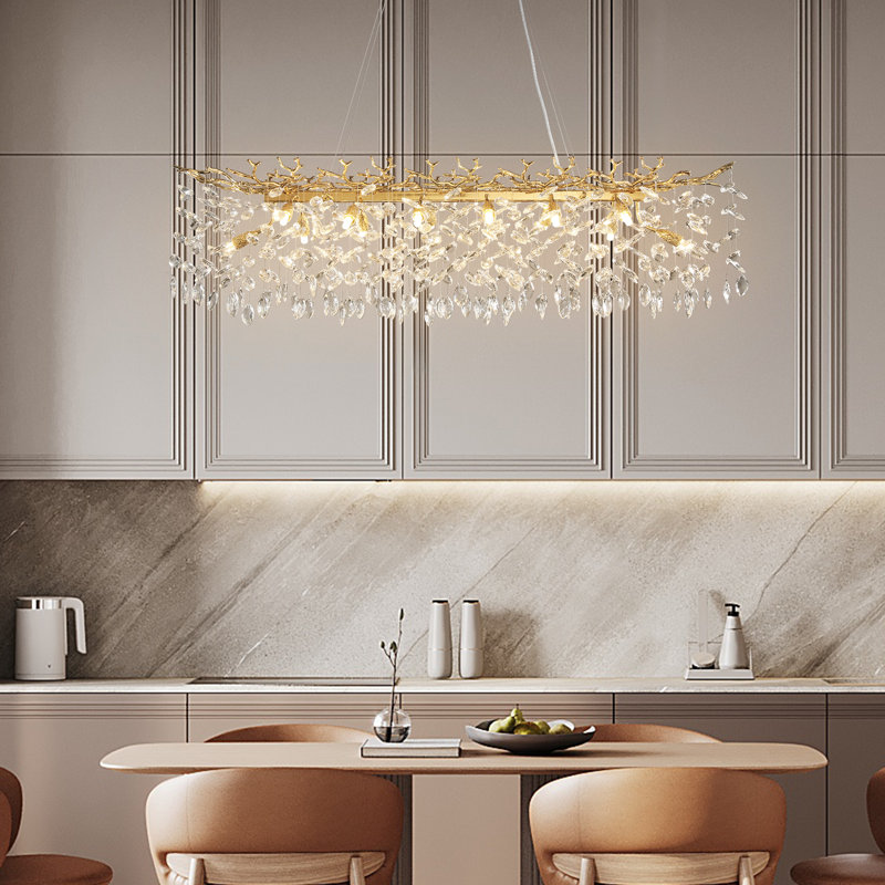 Modern K9 Raindrop Crystal Rectangular Tree Branches Chandeliers, Gold, 16" H x 16" W x 47" D, 14