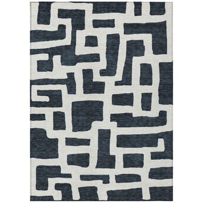 10' X 14' Black And Ivory Abstract Washable Indoor Outdoor Area Rug