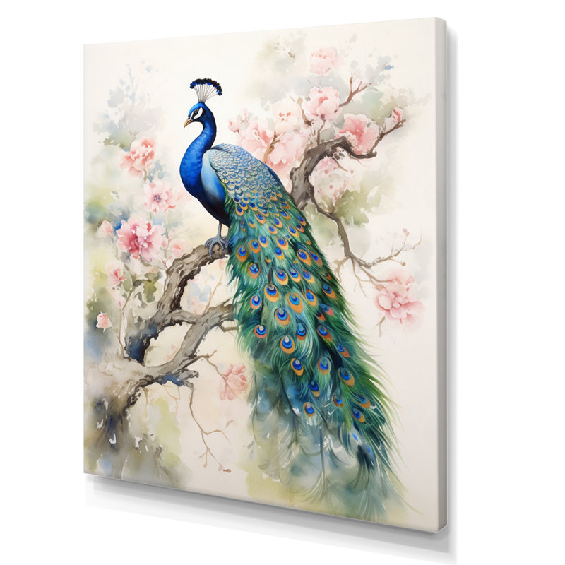 «Badrulla Blue Ink Wash Peacock I», reproduction d'art sur toile, H 44 po x l 34 po, Toile tendue