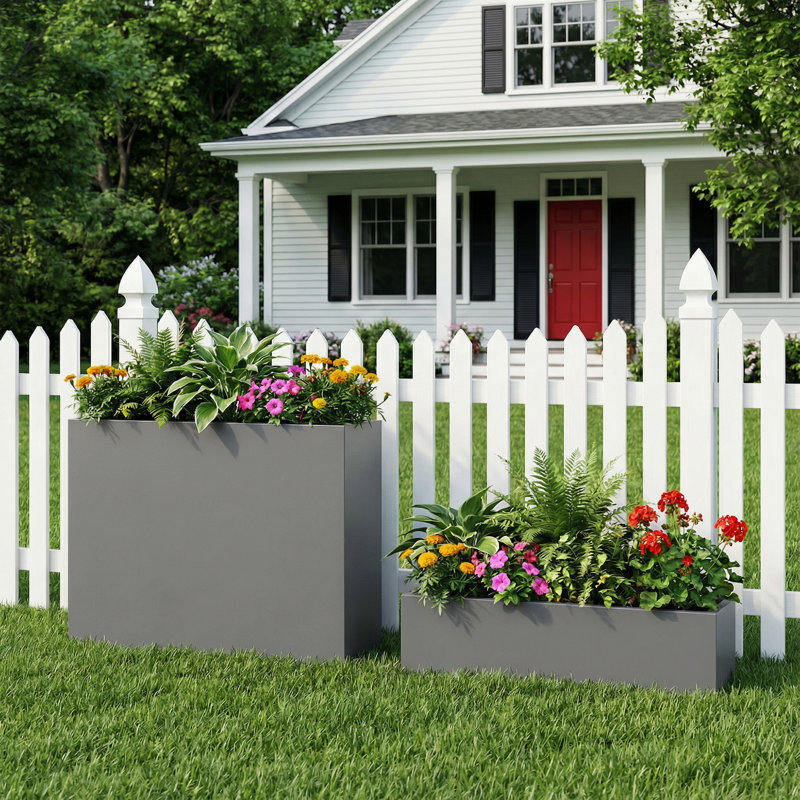 Boîte à fleurs intérieure / extérieure rectangulaire moderne avec trou de drainage et pot en métal pour patio, Gris