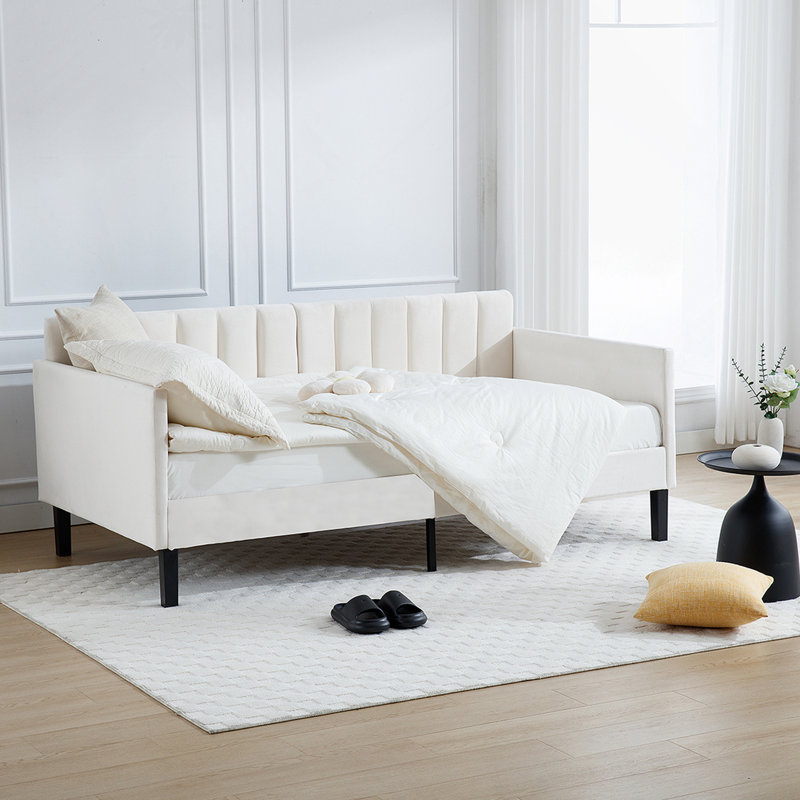 Lit de jour simple rembourré en velours beige, dossier capitonné nervuré (matelas non inclus)