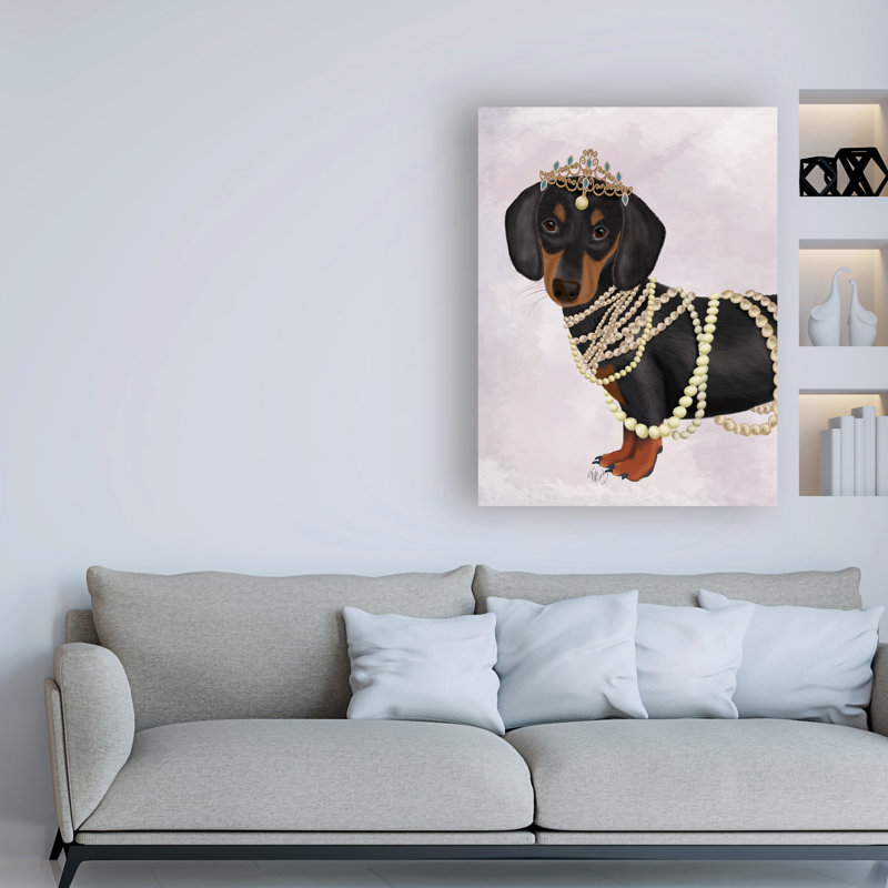 Reproduction d’art sur toile tendue, teckel et diadème par Fab funky, H 19 po x l 14 po x P 2 po