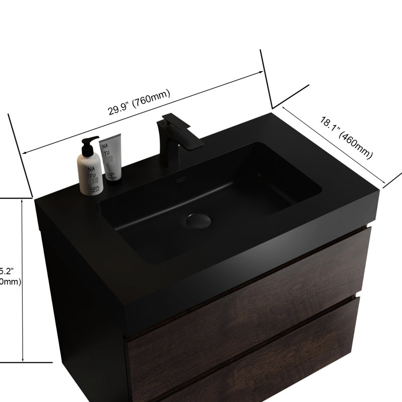 Bathroom Vanity Walnut - Ample Storage, Silent Drawers, Elegant Design 30" With Sink Spacious Contemporary Style, Black Basin, Pre-Assembled