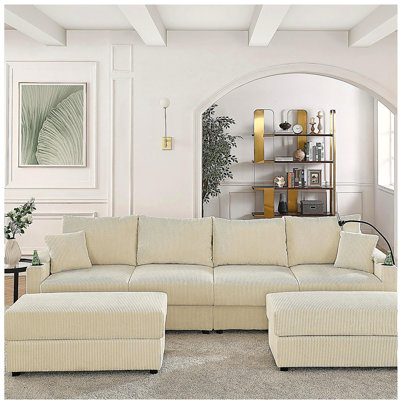 Canapé en U avec espace de rangement, canapé moderne à quatre places avec deux repose-pieds, canapé à assise profonde avec porte-gobelet et support pour téléphone portable, canapé en velours côtelé beige