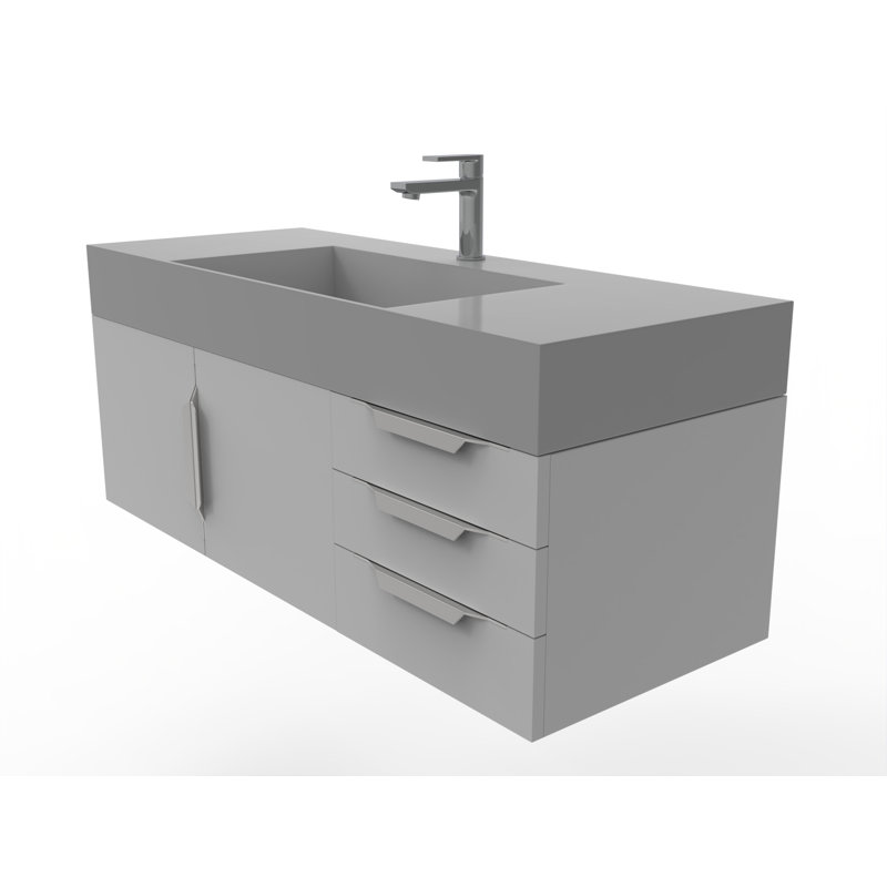 Meuble-lavabo mural simple 48 po avec comptoir à surface solide 48 po, gris, Gris, Chrome