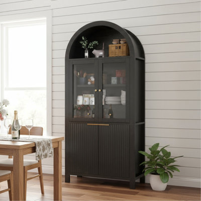Grand garde-manger arqué cannelé de 71 po avec tablettes réglables, rangement élégant avec tiroir caché et porte vitrée pour la cuisine, le salon, la salle à manger, noir