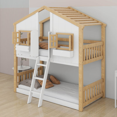 Lits simples superposés avec fenêtre et porte et toit pour garçons et filles, lit superposé en bois massif avec fenêtre et échelle