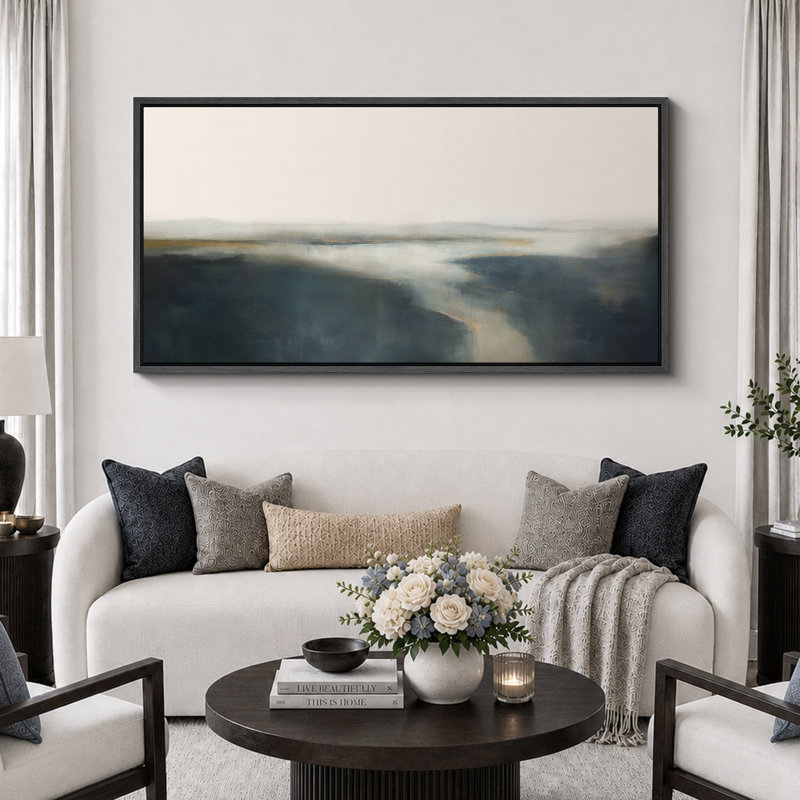 Minimal paysage horizon brume abstraite paysage brumeux, H 30 po x l 60 po, Noir
