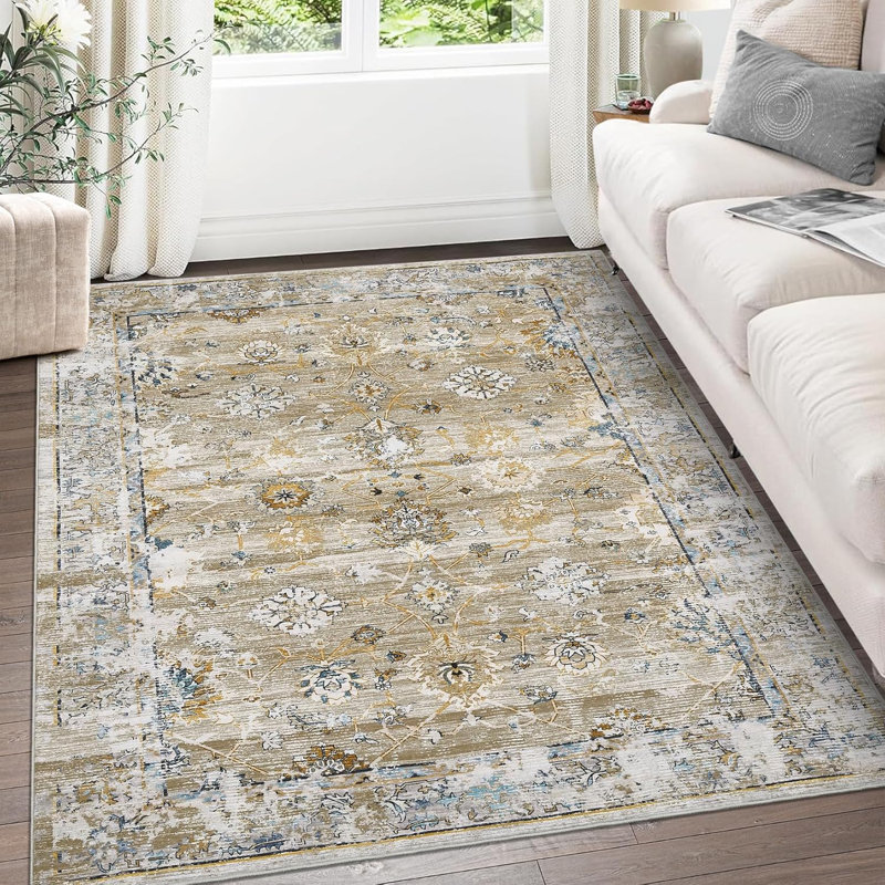 Washable Vintage Floral Area Rug, Low Pile Non-Slip Stain Resistant Foldable Carpet for Living Room Bedroom Playroom