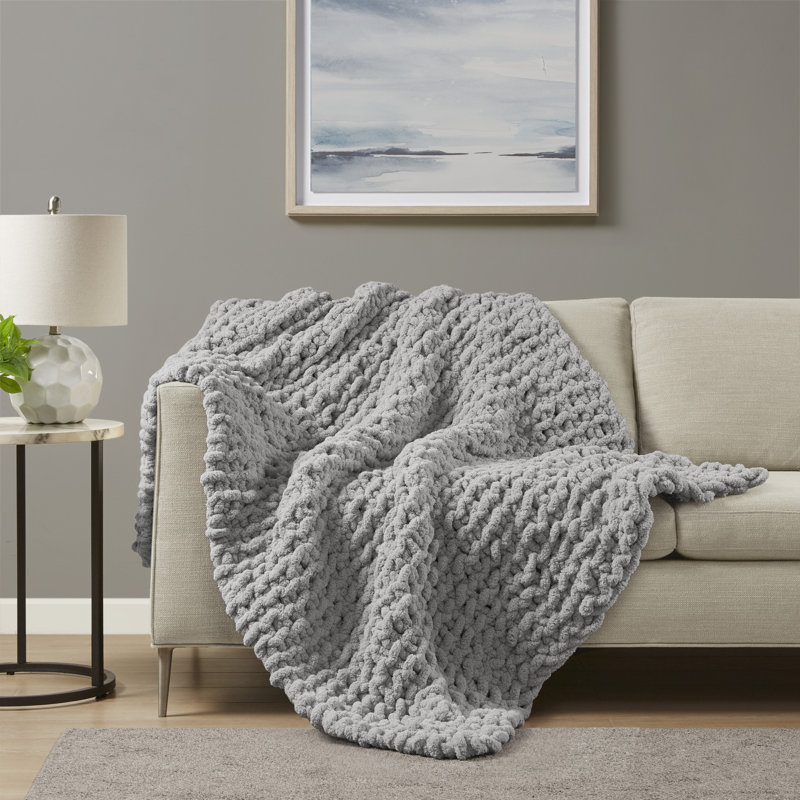 Gray Chenille Chunky Knit Handmade Throw Blanket