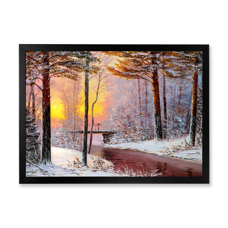 Forêt de Noël avec rivière et arbres IV - peinture sur toile, H 24 po x l 32 po x P 1 po, Cadre photo noir