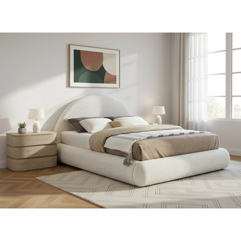 Lit tapissier Rudy, Très grand, Tissu en crème Teddy imitation Shearling