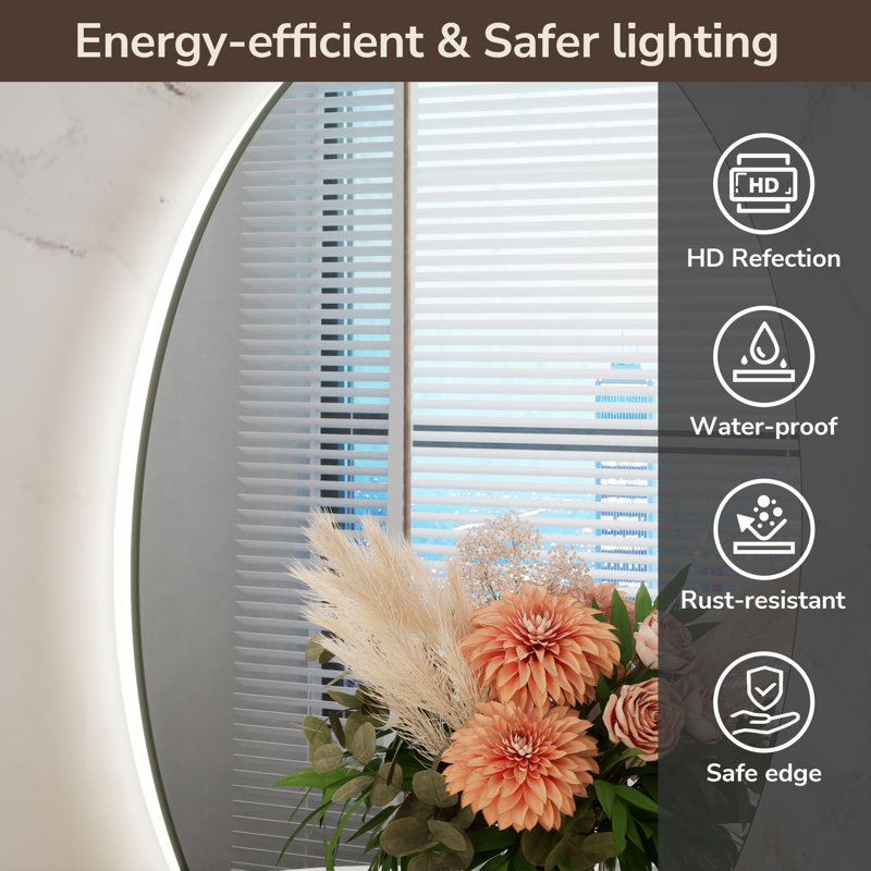 Adorna Round Frameless Backlit Mirror, LED Bathroom Vanity Mirror with Dimmable Brightness, Anti-fog Function, 50000h Lifetime, Shatterproof Film