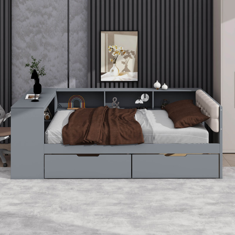 Lit plateforme avec tablettes, tiroirs, port de charge et tête de lit tapissier, Double , Gris
